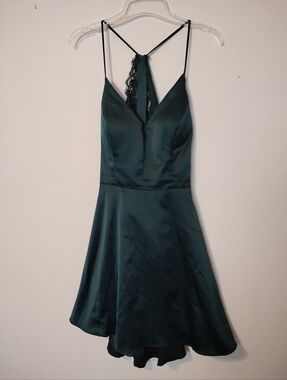 B. Darlin Prom Lace Open Back Satin Spaghetti Strap Flared Dress